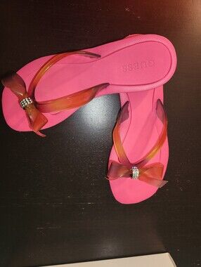 Guess Hot Pink Bow Flip Flops with Amber Straps and Rhinestones